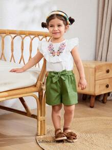Cozy Pixies 2 pièces/Set Top à col rond en tricot doux avec volants et short à taille élastique motif floral Ditsy pour bébé fille