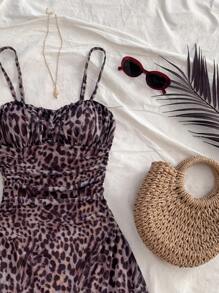 Soleia Leopard Print Mesh Slip Dress - Coffee Brown - View 5