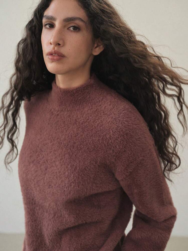 FLUFFY KNIT MOCK NECK SWEATER