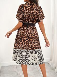 SHEIN Elegant Style, Leopard With Placement Printed, Self Belted Midi Shirt Dress