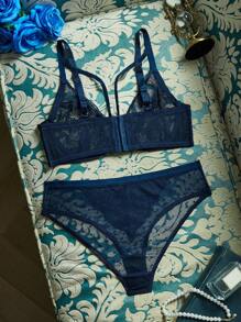 PinupPomp طقم ملابس داخلية كبيرة الحجم نمط بقع كبيرة منقطة مطرزة بالدانتيل الذهبي بطراز قديم - أزرق بحري - مشاهدة 2