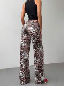 Aloruh Nuevos pantalones ceñidos de cintura alta, estilo casual, de estampado retro americano con lazo, decoración floral de encaje y estampado de leopardo, de estilo dulce y picante