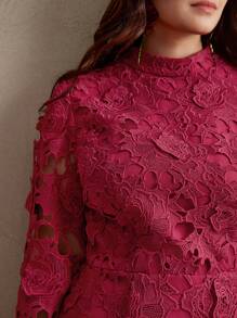 Anewsta 大码女式蕾丝安哥拉酒红色长袖优雅美人鱼连衣裙，适合外出、节日、春季、度假 - 酒紅色 - 查看 3