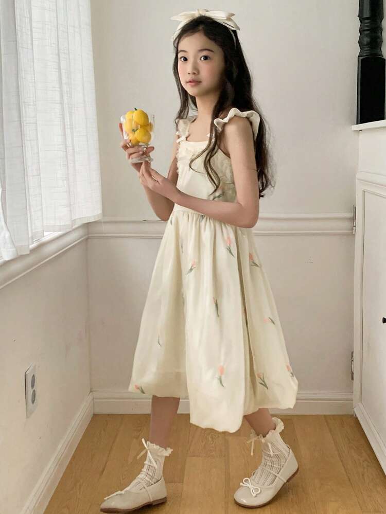 Tween Girl Mesh Princess Dress Fairy Spaghetti Strap Party Dress, Summer,Back To School Clothes