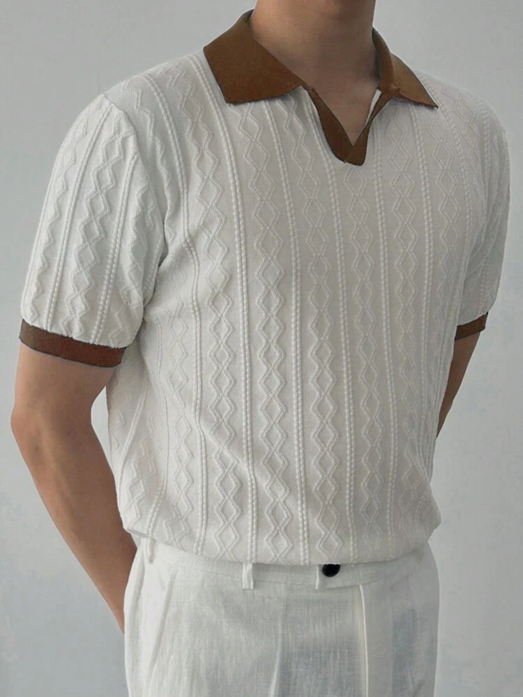 Men's Summer Casual Contrast Color Splicing Knitted Short Sleeve Top
