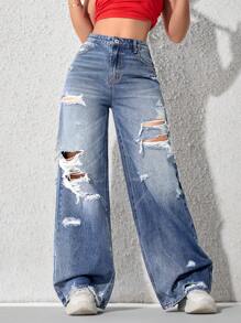 SHEIN EZwear Women's Front Button Pocket Distressed Casual Jeans - Blue - View 1