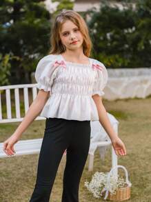 SHEIN Tween Girl' 优雅可爱蝴蝶结泡泡袖短款荷叶边下摆衬衫，适合外出、上学、春夏装、公主风格、婚礼季节 - 白色 - 查看 6