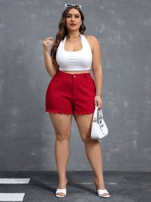 SHEIN Essnce Plus Size Denim Shorts, Casual & Fashionable For Everyday Wear - Red - View 6