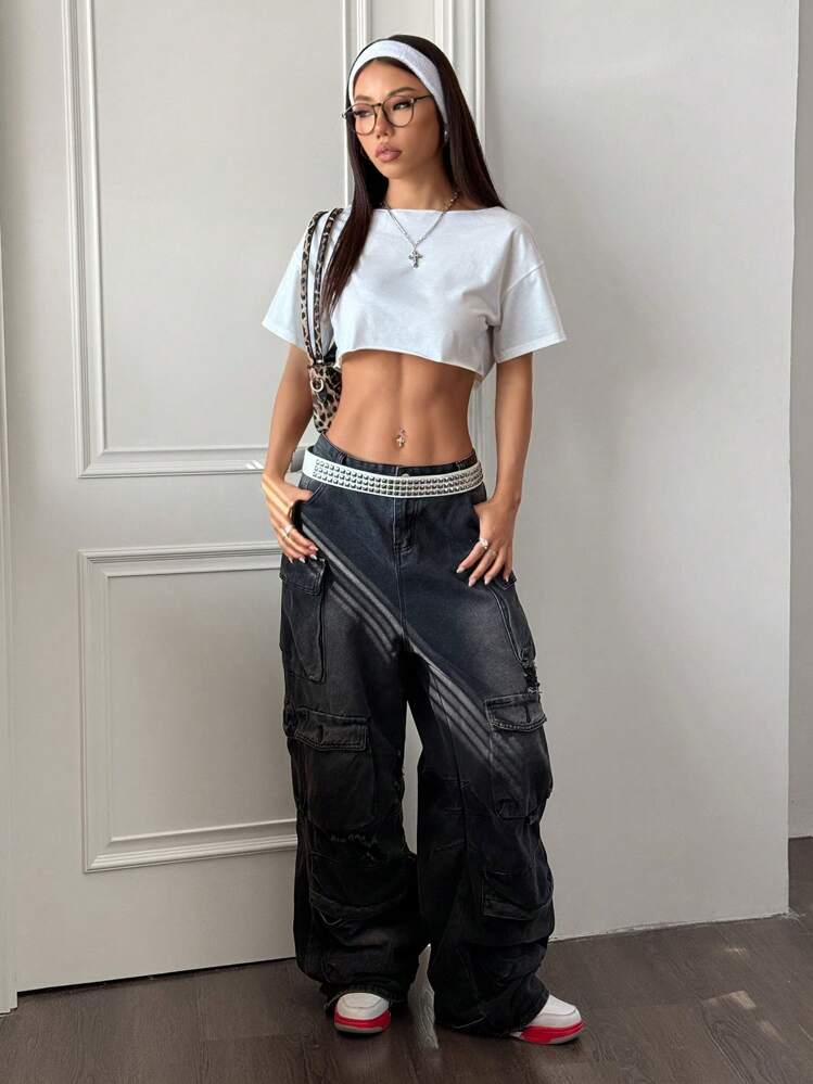 StreetHx Crop top asimétrico blanco para mujer, camiseta corta de manga corta con bordes deshilachados de moda chiclook oversized y2k, adecuada para primavera/verano - Blanco - Añade 7