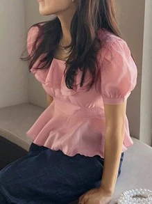 DAZY 方领修身短款女式衬衫，荷叶边，娃娃衫，度假风