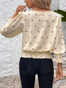 SHEIN LUNE Boho Women Clothing  Easter  Spring White Romantic Cherry Blossom Print Button-Down Shirt For Women - White - View 5