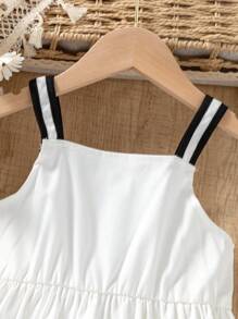 Vestido minimalista elegante de contraste de color negro y blanco para niña con gran lazo removible y correa de - Blanco - Ver 5