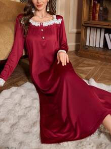 Elegant White Lace Patchwork Ladies Nightgown - Burgundy - View 4