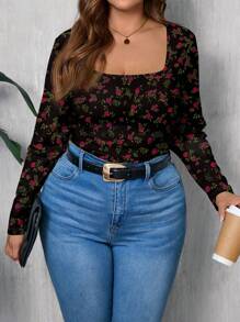 SHEIN LUNE Camiseta suelta de cuello redondo con estampado de rosa de talla grande para mujer, estilo minimalista