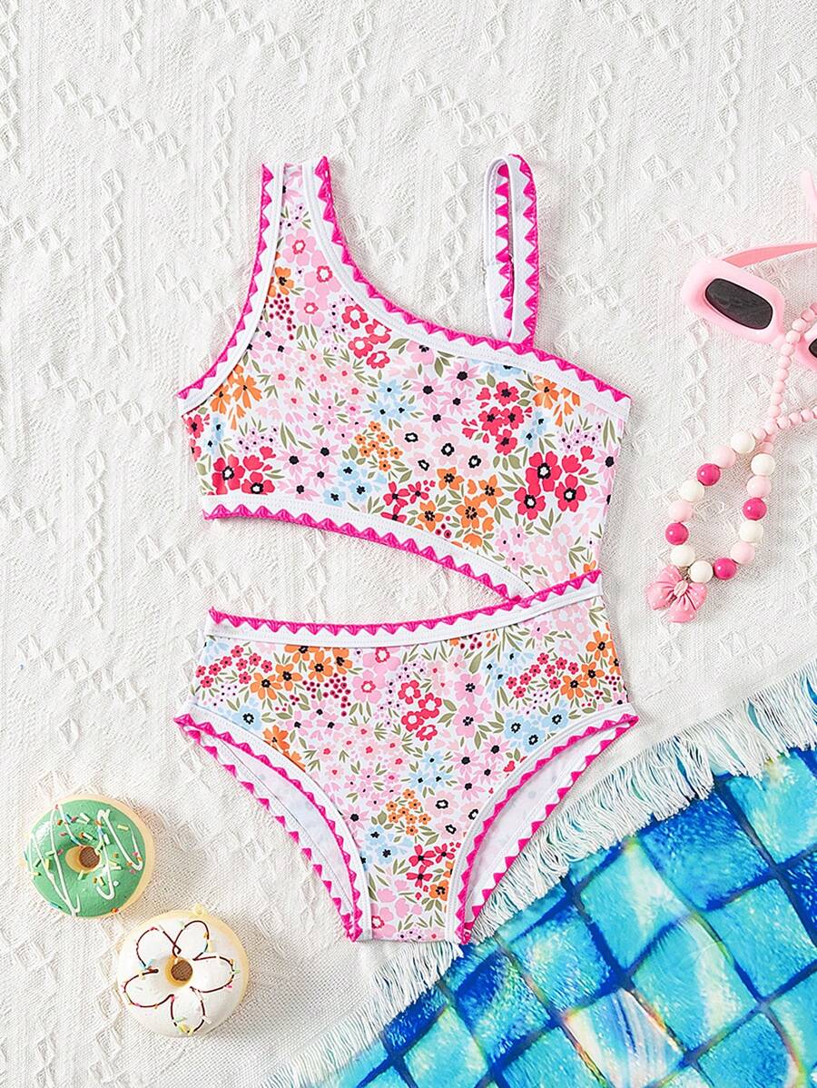 SHEIN Young Girl Cute Ditsy Floral One Piece Swimsuit - Multicolor - View 1