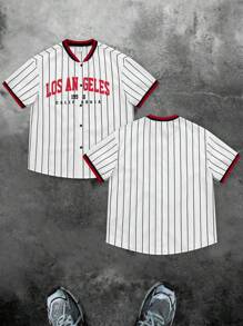 2pcs Kids Tween Boy Casual Sports Versatile Letter Print Striped Baseball Collar Open Front Short Sleeve Loose Shirt, Suitable For School, Garden, Beach, Birthday, Spring, Summer, Autumn, Winter - Multicolor - View 2