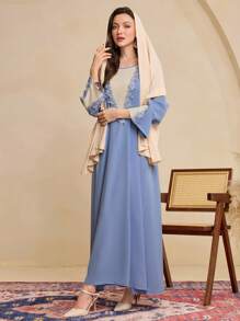 Al Najma Women's Everyday Color Block Sleeve Patch Floral Lace Trim Loose Traditional Dress Kaftan Jalabiya Dress - Blue - View 3