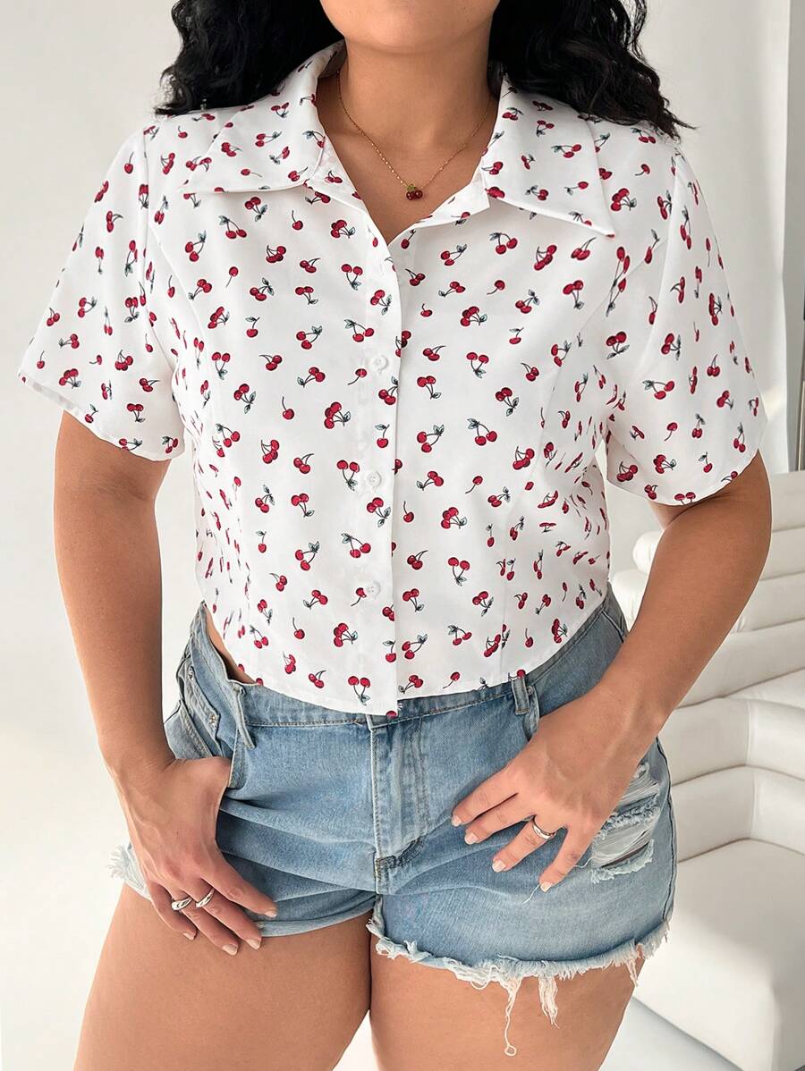 Solflare Blusa crop blanca con estampado de cerezas para tallas grandes de verano - Blanco - Ver 1