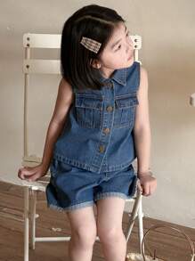 Dazy Kids 小女孩无袖上衣和裤子牛仔套装，女孩夏季服装 - 藍色 - 查看 5