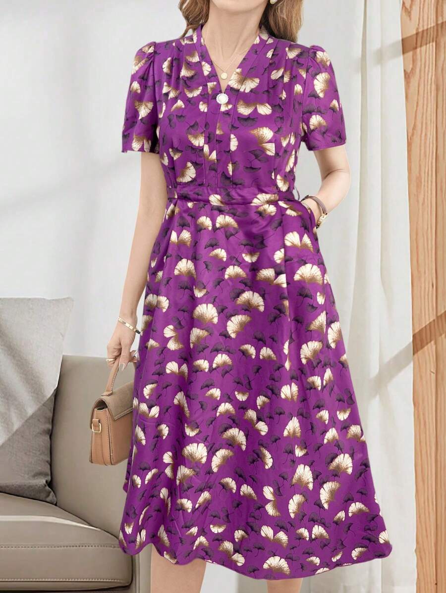 EMERY ROSE Elegant Casual V-Neck Tie Waist Short Sleeve Midi Dress For Women