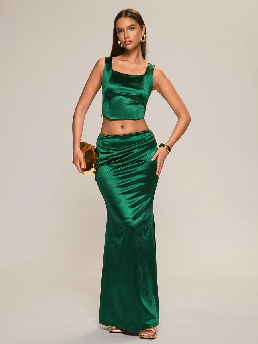 Glamine Nuevo conjunto de 2 piezas para mujer con parte superior de satén de tirantes sin mangas corta y falda de sirena con abertura lateral y cintura baja, elegante y delgado tejido, apto para las cuatro estaciones, color verde oscuro