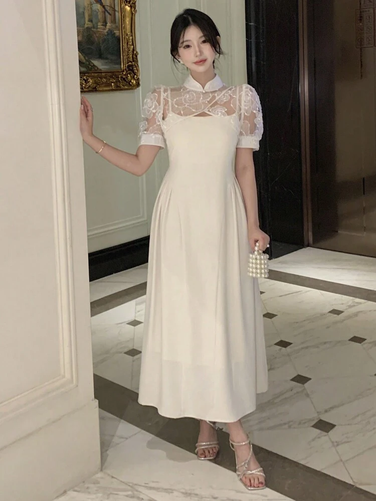 Women's White Spaghetti Strap Dress, Summer Solid New Chinese Style Improved Cheongsam Elegant Pleated 2 Pieces Set