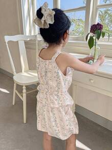 DAZY 2pcs/Set Young Girl Casual Minimalist Camisole Top And Shorts Set Floral,Girls Summer Outfits Vacation - White - View 6