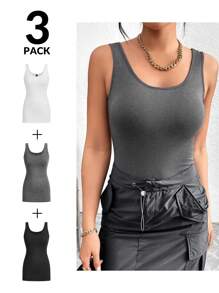 SHEIN Essnce 3pcs Women Long Knitted Camisole, White Grey Black Everyday Summer Casual - Grey - View 13