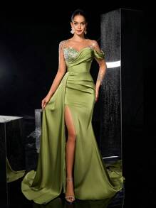 Glamrae 优雅薄荷绿亮面缎面透视长袖花朵贴花高领奢华水钻美人鱼侧高开衩垂坠尾长款晚礼服、婚礼宾客礼服、派对礼服、正式礼服 - 綠色 - 查看 2