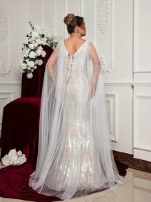 Glamrae Plus Size Asymmetrical Abstract Shell Sequin & Faux Pearl Mesh Patchwork Elegant Fishtail Formal Evening Dress, Wedding Guest Dress, Party Dress,Gown - Champagne - View 6