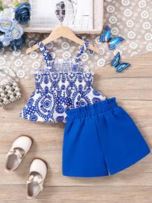 SHEIN 2pcs/Set Young Girl Ditsy Floral Camisole Top & Woven Shorts Set - Blue - View 4