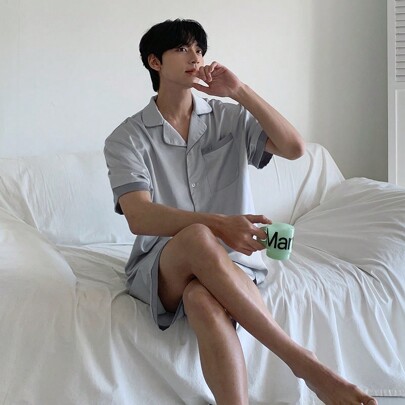 여름 편한 새틴 원단 컬러 매칭 디자인 헤이즈 블루 남성 파자마 세트