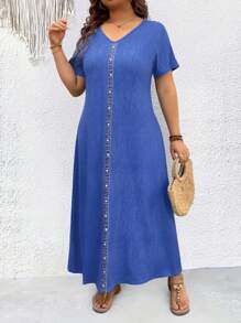 Breezaya Plus Size Women's Summer Denim Effect V-Neck Short Sleeve Casual T-Shirt Dress Maxi Women Outfit