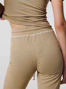 TypaGal Contrast Stitch Drawstring Thick Waist Casual Flare - Khaki - View 6