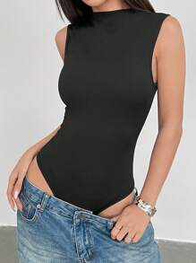 SHEIN PETITE Women's Solid Color Slim-Fit Bodysuit For Spring Everyday Wear - Black - View 1