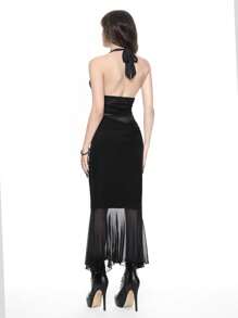 ROMWE Goth Schwarzes Neckholder-Kleid mit transparenten Strass und Falten für Frauen, Konzert-Kostüme, Rave-Kostüme, Karnevals-Kostüme, Country-Konzert-Kostüme, Sommer-Outfits für Frauen - Schwarz - Übersicht 3