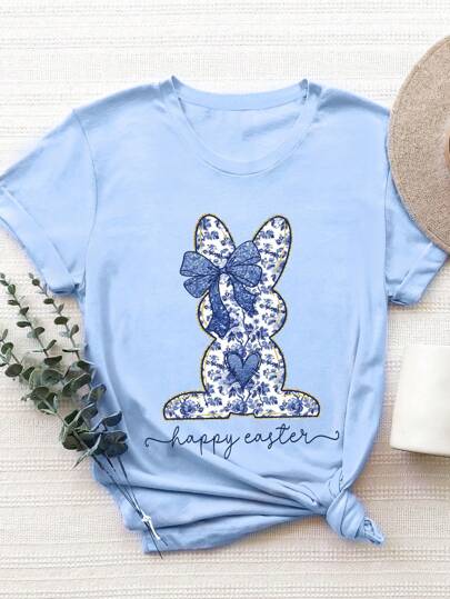 SHEIN EZwear Women's Casual Easter Bunny Print T-Shirt