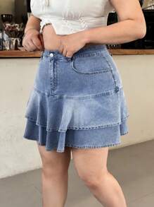 SHEIN EZwear Chân váy mini denim cỡ lớn, giản dị và thời trang để mặc hàng ngày - Rửa nhẹ - Xem 5