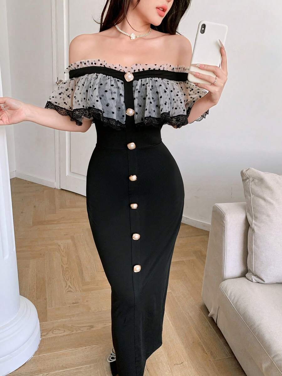 Feyla Abito donna di media lunghezza con scollo spalle scoperte, arricciatura e inserti in rete a pois