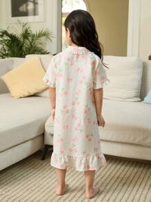 Young Girls Cute Cherry Pattern Collar Button Front Ruffle Hem Short Sleeve Sweet Nightdress, Sibling Matching Outfits (2 Pieces Sold Separately) - Multicolor - View 2