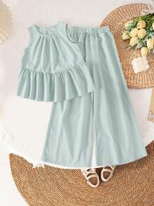 女孩休闲简约圆领无袖宽松纯色衬衫和松紧腰阔腿宽松纯色裤子夏季服装套装 - 薄荷綠 - 查看 3