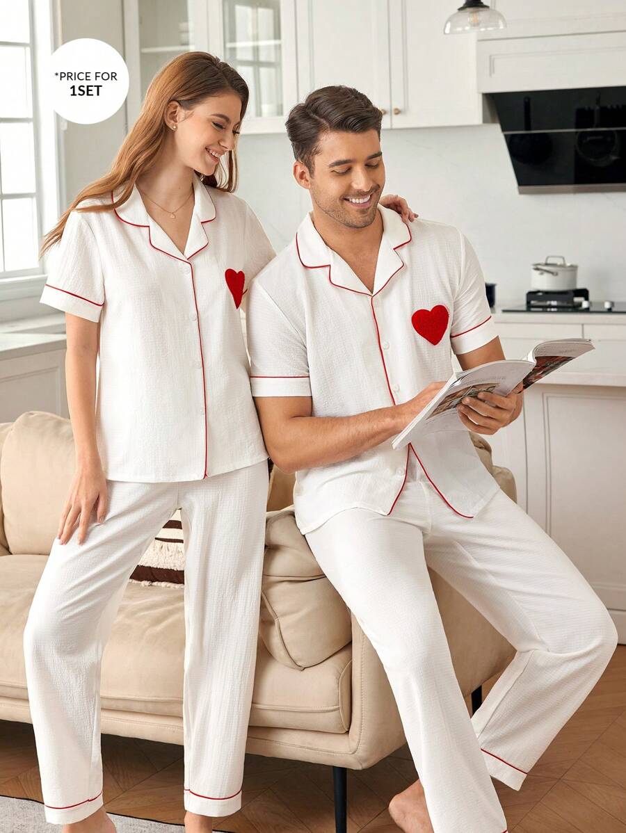 Plush Heart Patch Decorated Romantic Men's Sleepwear Set