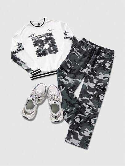 Street Life 2pcs Men's Camouflage Numeral Print Sweatshirt And Sweatpants Set