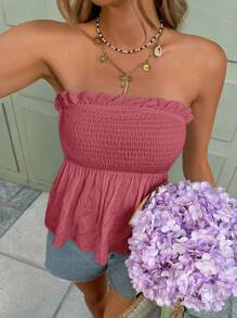 Serisse Frill Trim Smocked Spring Break Shirred Tube Top Summer Pink Vacation - Dusty Pink - View 6