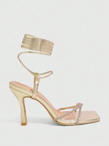 CUCCOO SZL 性感时尚方头金色高跟系带水钻凉鞋，适合女士，适合夏季聚会和场合穿着 - 金色 - 查看 2