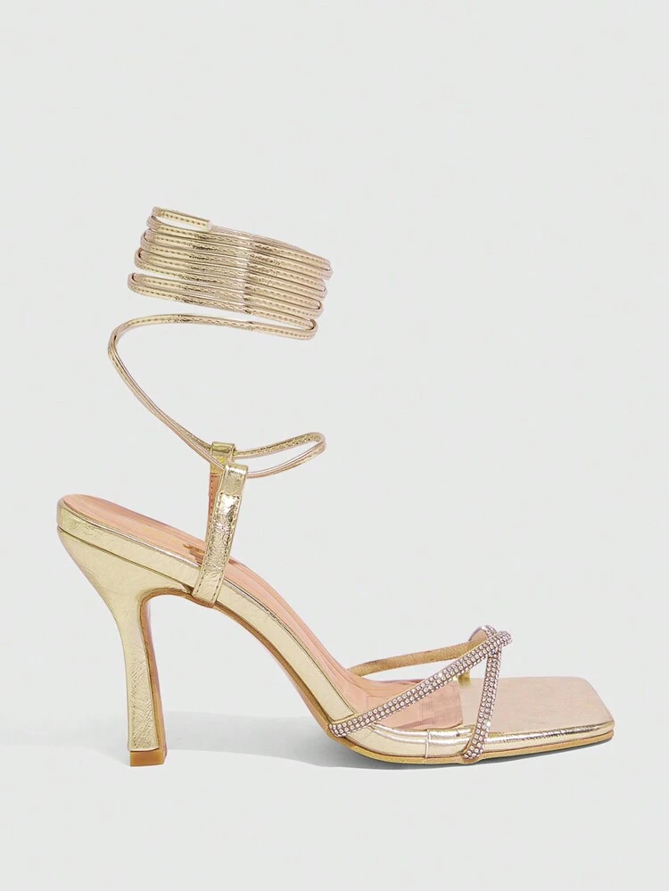 CUCCOO SZL Sexy Fashion Square Toe Gold High Heel Strappy Rhinestone Sandals For Women, Party And Occasion Wear For Summer