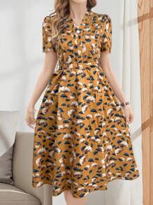 EMERY ROSE Đầm dài tay ngắn cổ chữ V thắt eo thanh lịch, giản dị dành cho nữ - Màu vàng - Xem 6