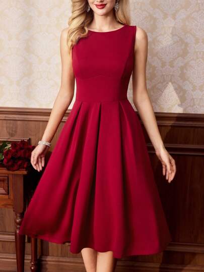 Vintamour 复古优雅女式直筒连衣裙，带口袋，船领，无袖，A 字形，情人节情人节服装，女士度假服装，女士夏季服装，红色连衣裙，女士生日礼服，情人节礼服，女士正式礼服，情人节舞会礼服，女士优雅生日服装，女士婚礼宾客礼服，酒红色礼服，女士教堂服装，情人节礼服，女士派对礼服