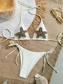 Swim Chiccia 春假女士海星水钻装饰露背上衣和侧系带下装两件套性感比基尼套装，节日和波西米亚风格，夏季海滩度假 - 米色 - 查看 3