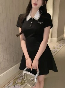 DAZY 女式法式高端彼得潘领 Polo 衫，短袖束腰小黑迷你连衣裙 - 黑色 - 查看 9